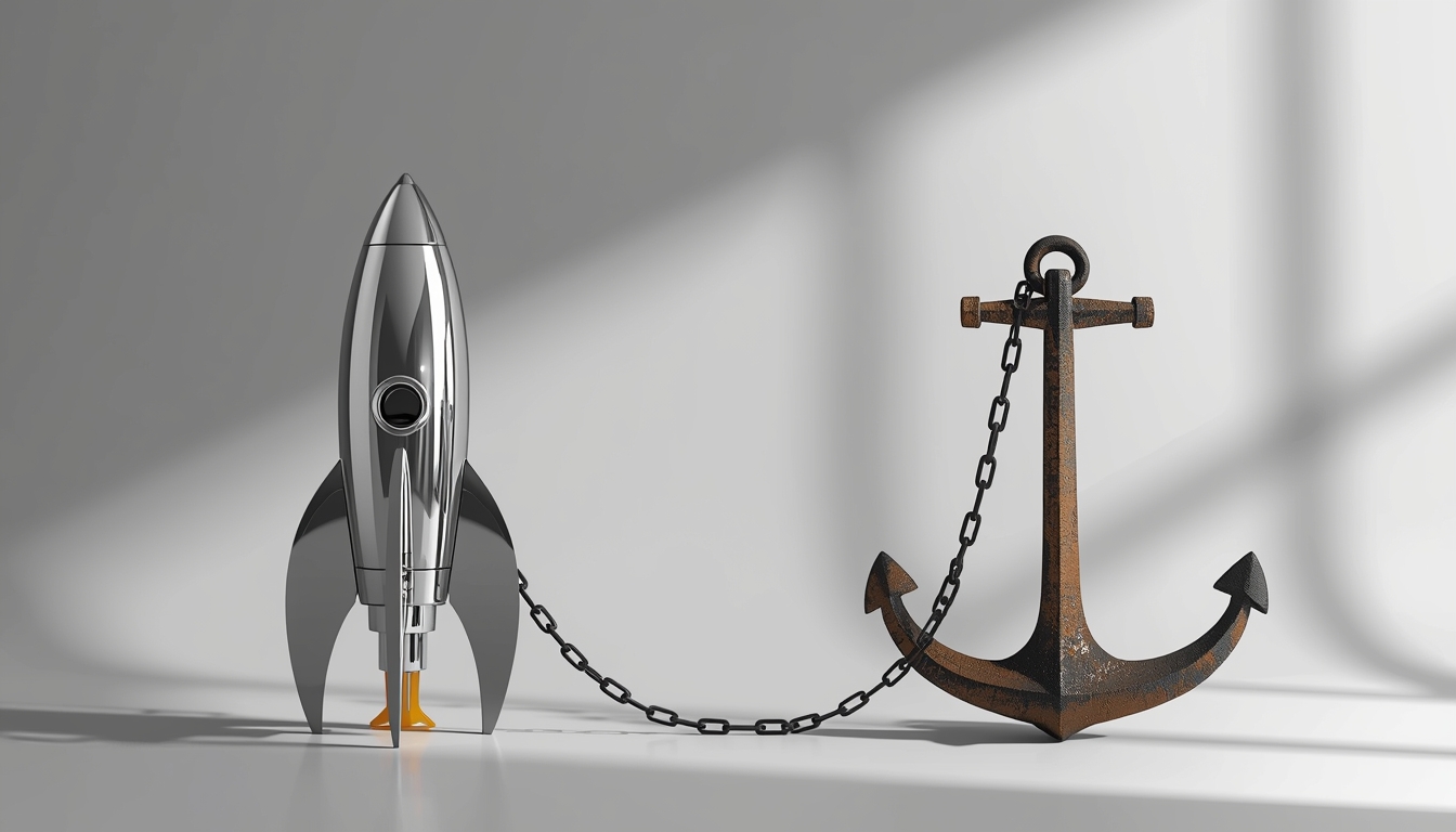 A conceptual image of a modern rocket ship held back by a heavy anchor, illustrating how poor infrastructure stops business growth.