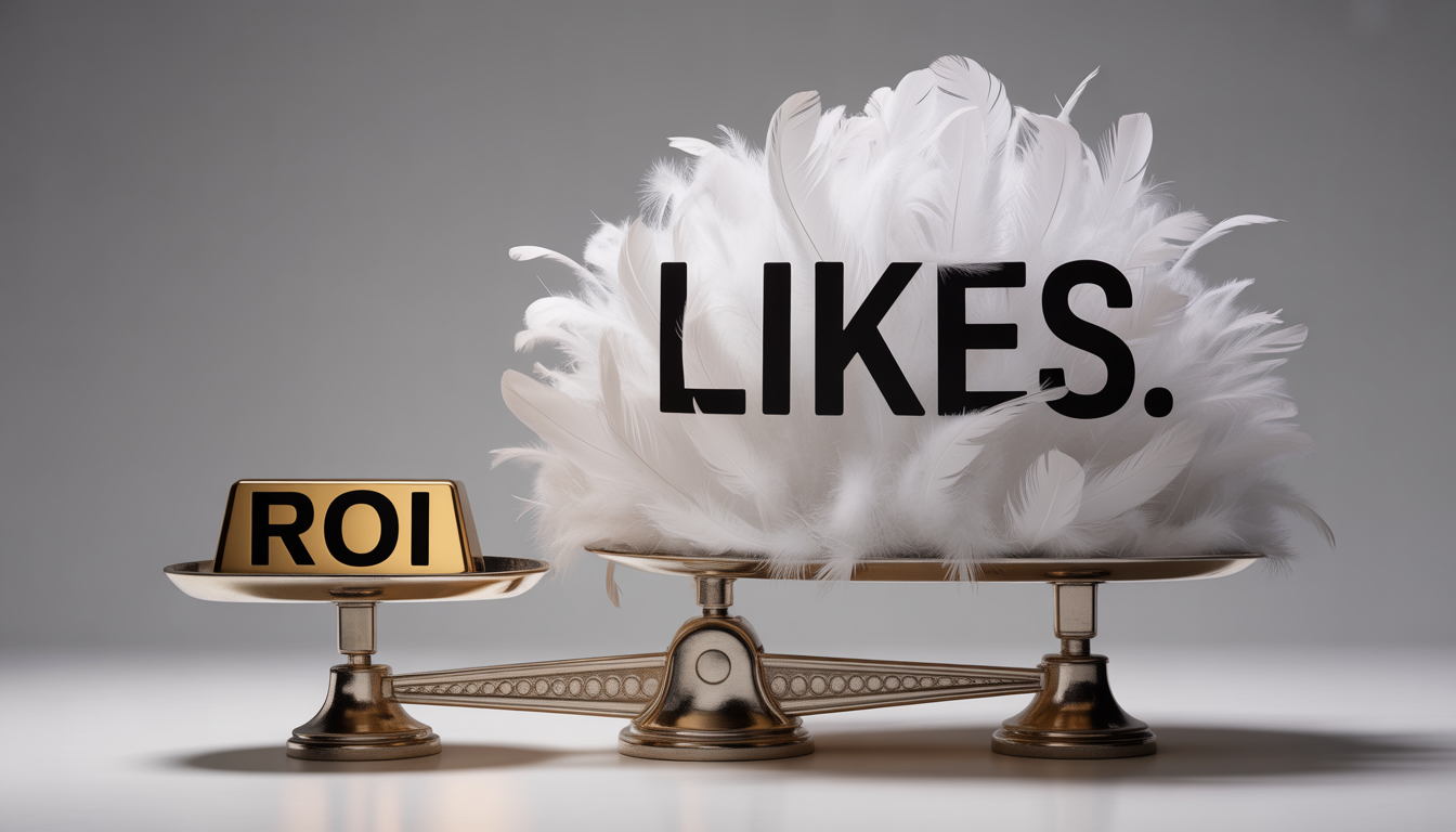 A conceptual scale showing a small amount of ROI outweighing a large pile of social media likes.