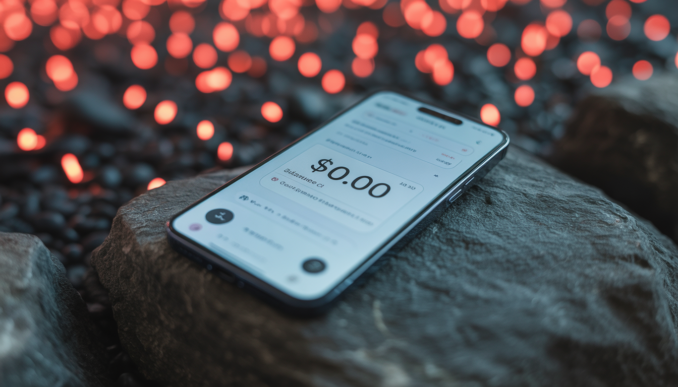 Close-up of a smartphone showing a zero dollar balance against a background of social media notifications.